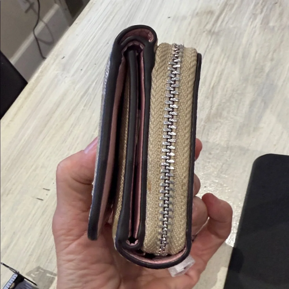 Coach Beige Signature Trifold Wallet- Pink Leather Interior